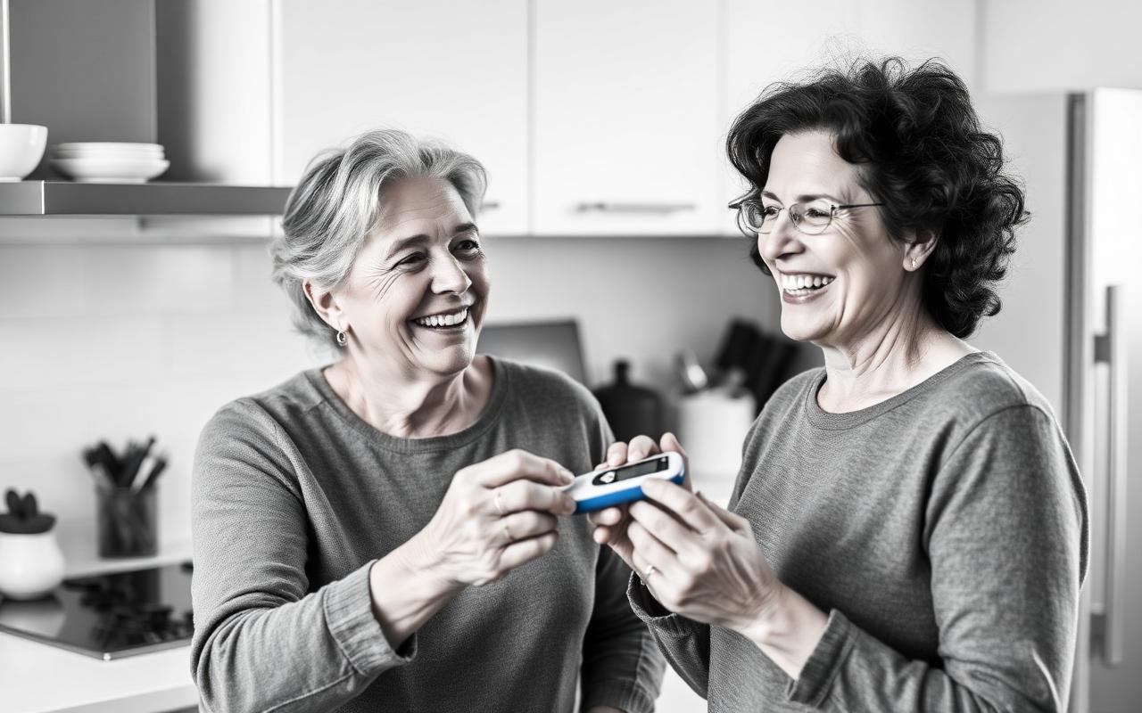 Happy women checking glucose meter